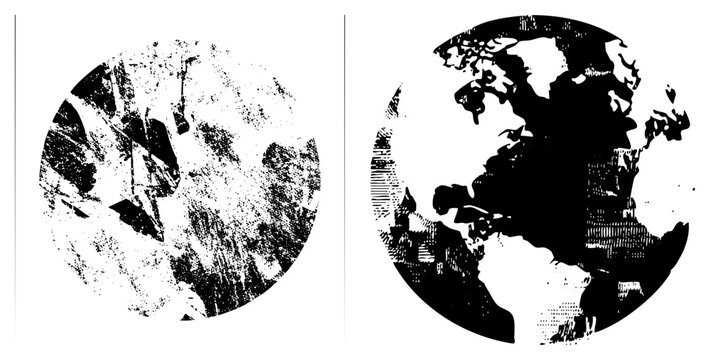 Distressed globe illustrations with halftone textures, planet Earth silhouette, grunge map, world map graphic, vector art, black and white, isolated continents, stylized globe.