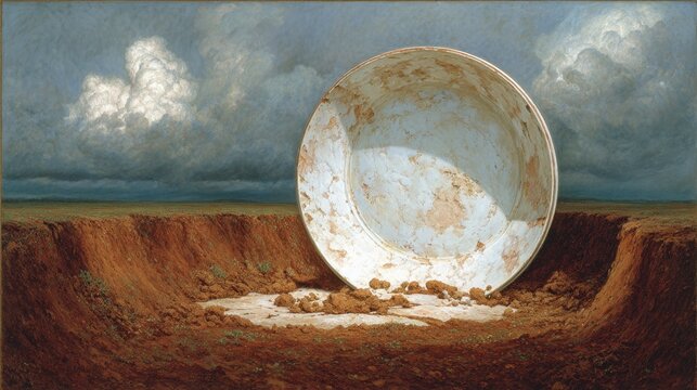 A rusted and overturned cooking plate in a desolate landscape