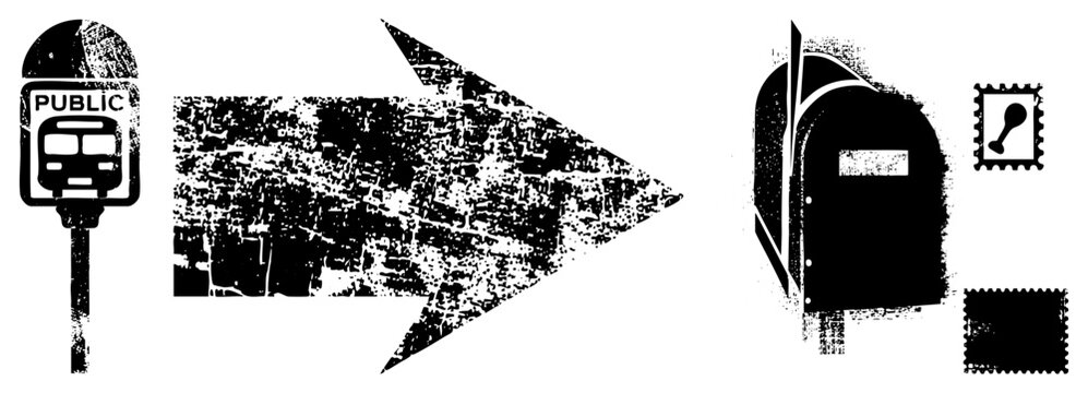 Commuter journey from bus stop to mailbox, urban transit, postage stamps, directional arrow, gritty texture, street scene, delivery system.