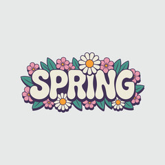 Obraz premium Retro Groovy Spring Typography with Hand-Drawn Floral Daisies