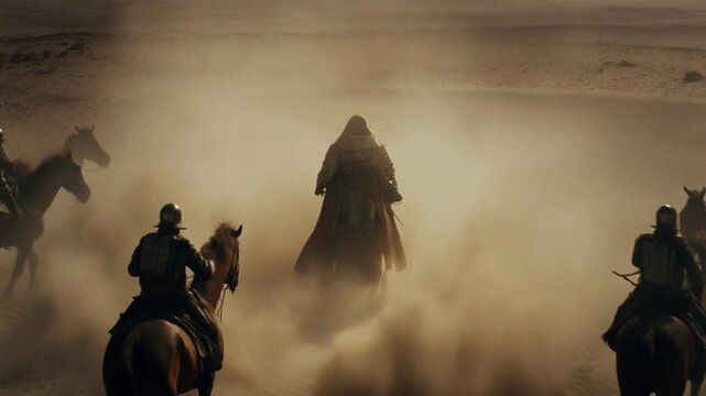 A hooded figure rides towards damascus on horseback through dusty desert landscape with companions.