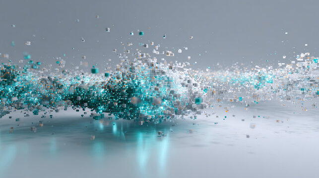 Abstract cloud of tiny glowing digital cubes and pixels dispersing across a bright clean futuristic white background