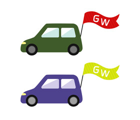 モスフォレストグリーンの車体にカーマインレッドのＧＷ旗、およびロイヤルディープバイオレットの車体にレモンライムイエローのＧＷ旗を掲げた大型連休のドライブや販促を象徴するフラットイラストセット
