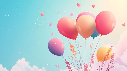 Fototapeta premium Cluster of colorful balloons floating freely in dreamy pastel sky atmosphere.