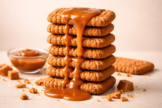 Biscoff cookie stack visualizes indulgent caramel flavor through clean commercial studio photography