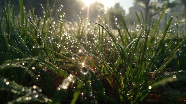 Dew drops glistening on green grass blades in the morning sun