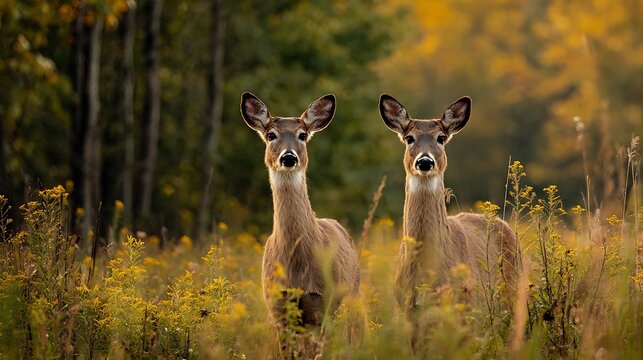 Two alert white-tailed deer stand looking directly forward in an autumn grassy.