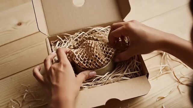 Hands wrapping and unwrapping gift in box.