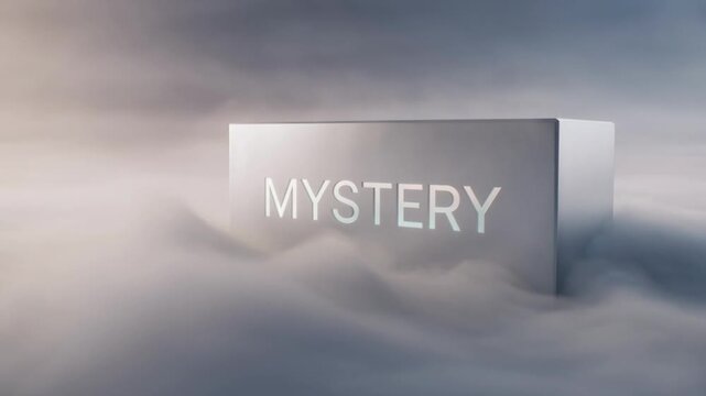 Enigmatic 'Mystery' Text on a Metallic Block Shrouded in Ethereal Fog, Concept of Unknown