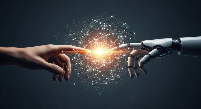 Human and Robot Finger Touching, Symbolizing AI and Future Connection.