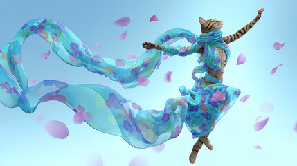 Obraz premium Spotted Bengal Cat Dancing In Blue Sky Wearing Flowing Blue Floral Fabric 