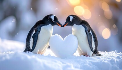 Obraz premium Two Gentoo Penguins Forming a Heart Shape in the Snow.