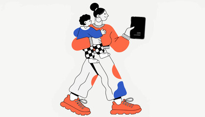 Obraz premium Mother and child using smartphone together in modern illustration
