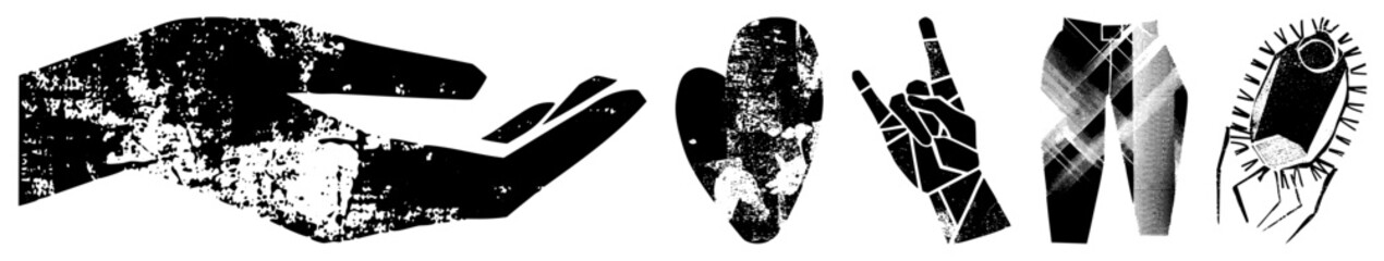 Obraz premium Hand silhouettes in gritty, open palm, rock sign, fingers, halftone, abstract gesture, stylized human hands.