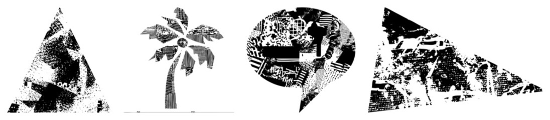 Fototapeta premium Black and white vector forms with halftone textures, stylized triangles and circles, graphic design elements, fills, shapes.