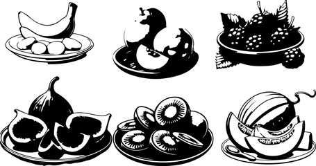 Diverse set of fresh organic fruits and berries icons featuring pomegranate, figs, kiwi, and bananas for health-conscious marketing campaigns and digital scrapbooking elements © Darji