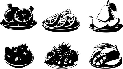 Diverse set of fresh organic fruits and berries icons featuring pomegranate, figs, kiwi, and bananas for health-conscious marketing campaigns and digital scrapbooking elements © Darji