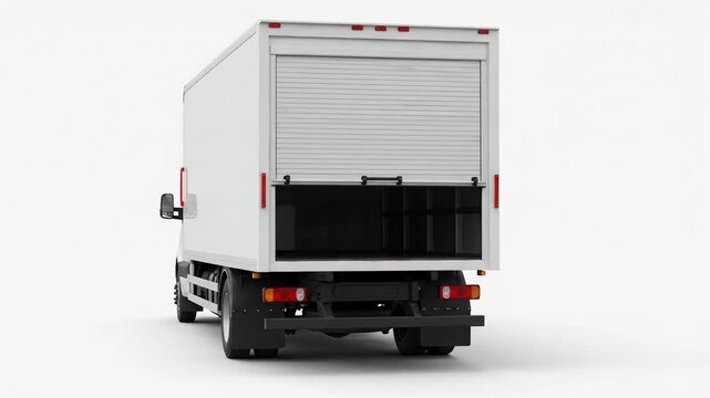 White delivery truck with open rear cargo door, isolated on white background