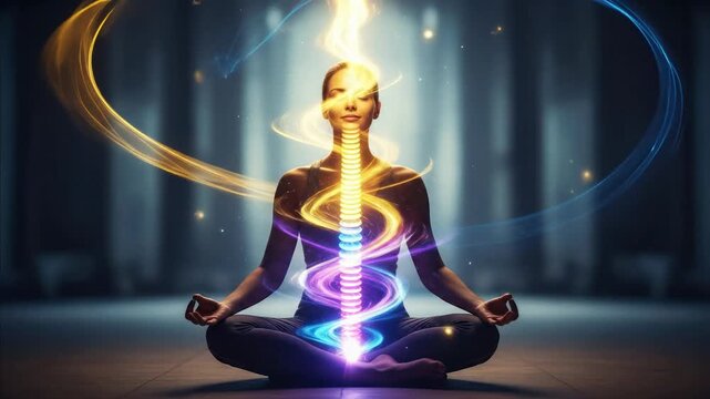 Woman Meditating, Energy Flowing Through Body, Spiritual Awakening, Yoga Chakra Visualization