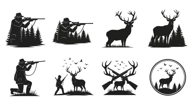 Hunting scene with deer and hunters a detailed silhouette on transparent background