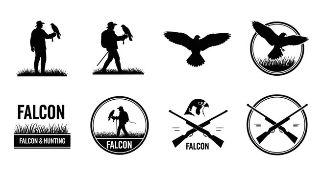 Falconry designs featuring hunters and birds ideal for logos on transparent background silhouette
