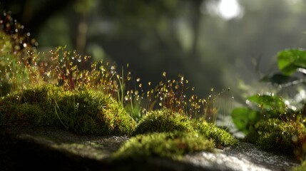 Fresh moss with water drops glistening in spring sunlight