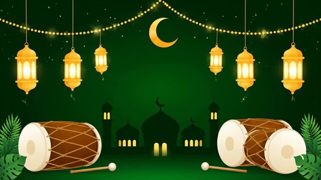 Eid Al Fitr Ramadan Celebration with Mosque Lanterns Drums