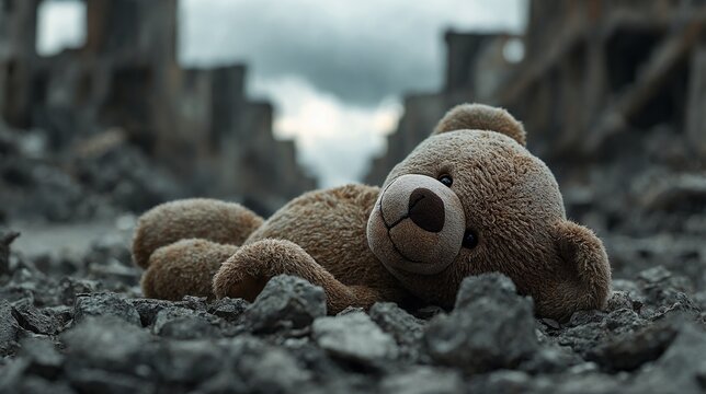 Torn teddy bear on rubble in destroyed city war zone