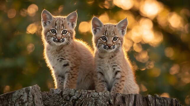 Two curious bobcat kittens sit alertly upon a weathered tree stump at sunset.