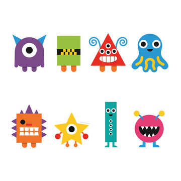 Colorful cartoon monster icons arranged in rows on transparent background silhouette