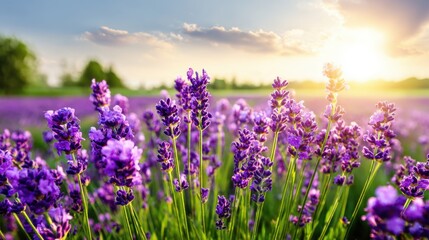 Obraz premium Lavender field in sunlight showing vibrant purple blooms