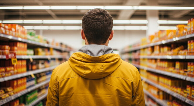 Man in Yellow Jacket Walking Down Supermarket Aisle, Shelves Stocked with Products, Consumer Shopping Experience