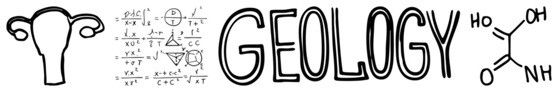 Sketch style geology including uterus, math equations, bold &ldquo;GEOLOGY&rdquo; text, and acetic acid structure, ideal for STEM visuals, educational posters, or science diagrams.