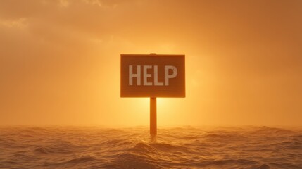 Dramatic Scene of Help Sign Rising from Water Against Sunset Background Symbolizing Need for Support and Rescue