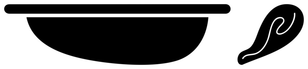 Minimalist black bowl with flat silhouette, paired with flowing ribbon shape, vector art, graphic design element, modern.