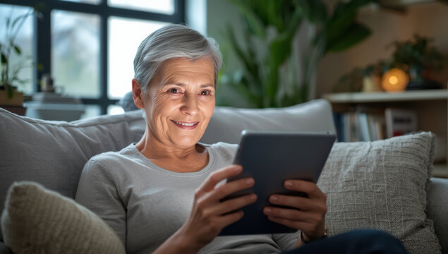 Senior woman reading tablet on couch smiling warmly at home