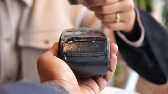 Close up of person using gold credit card for contactless payment on terminal at store