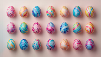 Obraz premium Colorful marbled easter eggs arranged neat rows pastel background evoking joyful spring