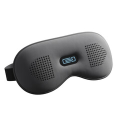 Close up of a grey smart sleep mask with perforated ear sections and a blue illuminated symbol