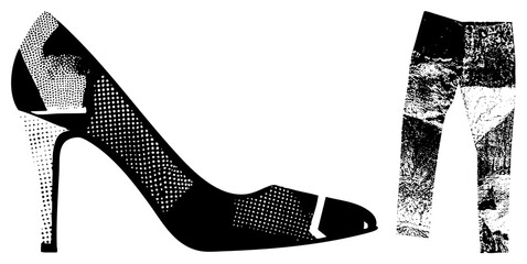 Fashion footwear with stiletto heel, halftone leggings, graphic silhouette, modern apparel, vector art, fashion illustration, stylized cutout.
