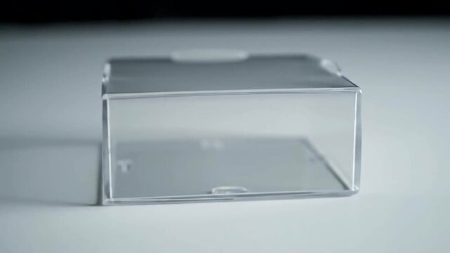 A close-up shot of a transparent plastic box, showcasing its clear material and minimalist design, ideal for various product presentations and packaging concepts.