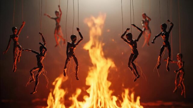 Puppets dancing over fire, symbolic control, manipulation, darkness, inferno