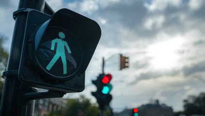 Green pedestrian signal glowing at urban intersection with traffic lights