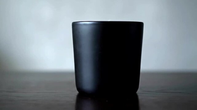 A black cup sits on a dark table with a light background, creating a minimalist and contemplative scene.