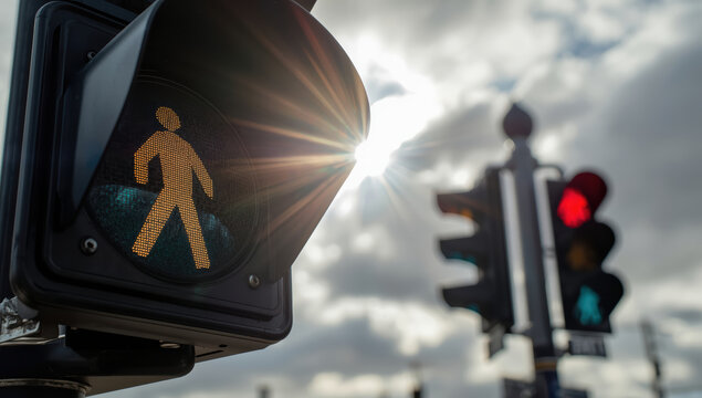 Walking pedestrian signal illuminated at urban intersection with sun flare