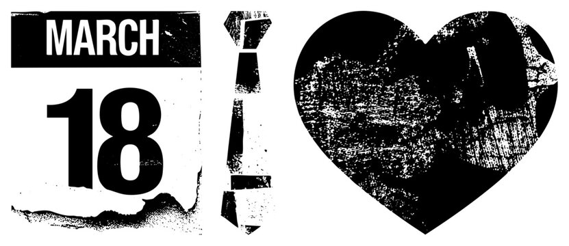 Distressed black and white calendar date &ldquo; 18&rdquo; with textured arrow and heart, vintage design, graphic element, day marker, date stamp, retro typography.