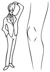 Man in formal suit adjusting hat, stylized figure, minimalist art, fashion illustration, silhouette drawing, elegant posture, graphic design element.