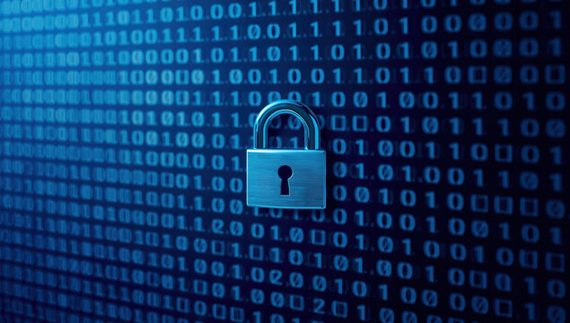 Locked metal padlock symbol over glowing binary code background conveying secure data protection