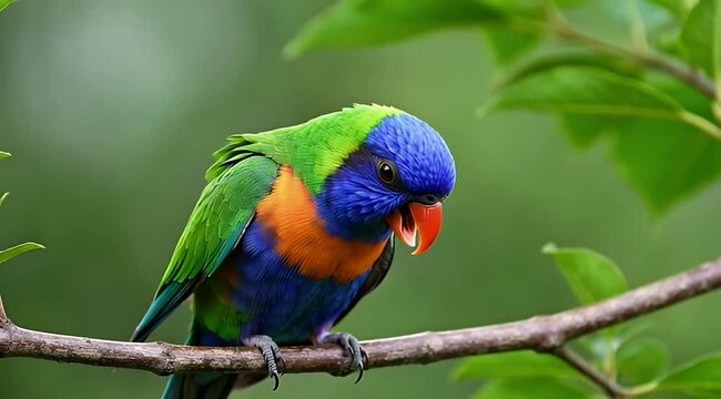 A vibrant lorikeet perches on a branch eating seeds outdoors in nature.