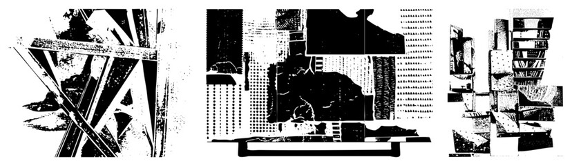 Fragmented architectural forms in halftone style, abstract urban blocks, vector deconstructed buildings, graphic design composition, black and white composition.